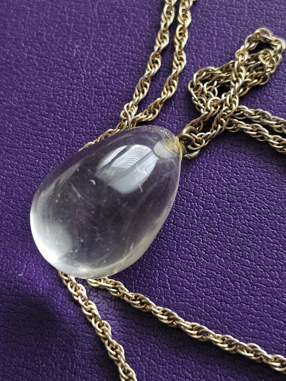 Clear Teardrop Quartz Pendant On Vintage Gold Tone Chain